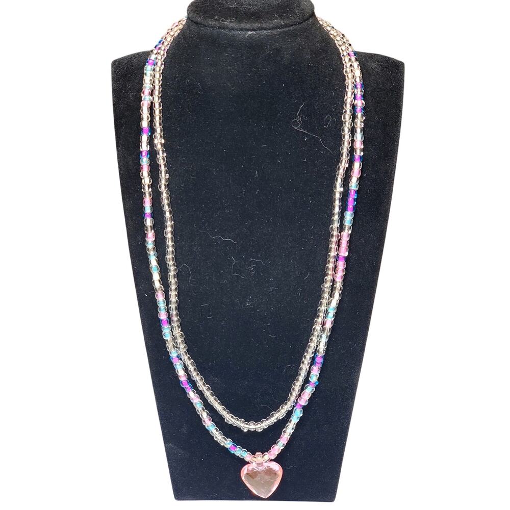 Retro Beaded Double Strand Necklace Heart Pendant Dangle 18"